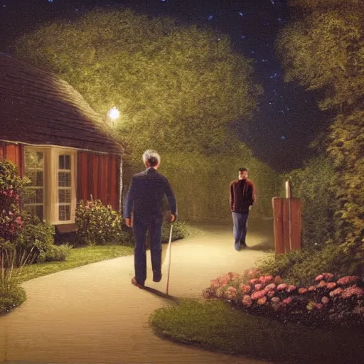 Prompt: Two men in a garden at night walking towards a small wooden garden shed, realistic, dark