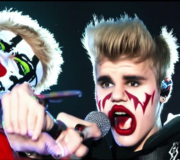 Prompt: color still shot of justin bieber lead singer performing in music group insane clown posse, face closeup