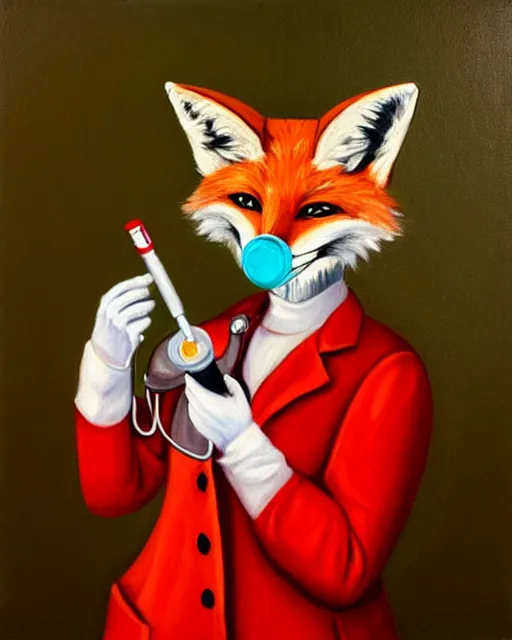 Prompt: oil painting portrait of anthropomorphic female fox animal dressed in doctor's coat, surgical mask covering mouth, red eyes, holding syringe, fox animal, hospital in background, oil painting,