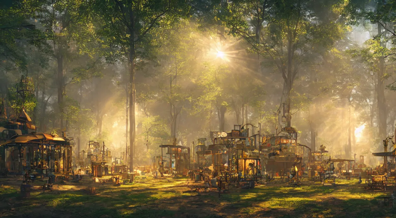 Image similar to a steampunk village in a forest on a summers day, suns rays, giant trees, junk everywhere, neon signs, magical atmosphere, mist, photo realistic, octane render, 8k, guido borelli da caluso