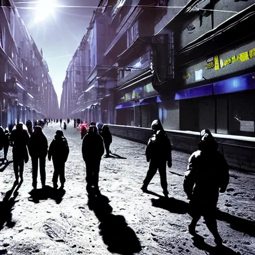 Prompt: photo of citizens that walk past plasma vehicles, on the Moon, long shadows, in a Russian cyberpunk city called Neo Norilsk on the Moon, pitch black sky with stunning bright stars, bright sun, diverse outfits, lively, freaky, black sky full of stars, blinding bright sun, sci-fi, lots of flying cars, levitation, cyberpunk outfits, photorealistic, grainy, 35mm, intricate, very very beautiful, elegant, smooth, cinematic, Unreal Engine 5, by Beeple, trending on Artstation HD