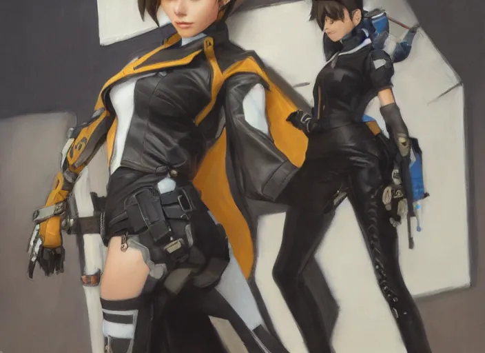 Prompt: a highly detailed beautiful portrait of tracer from overwatch as 2 b nier automata wearing a leather jacket, by gregory manchess, james gurney, james jean