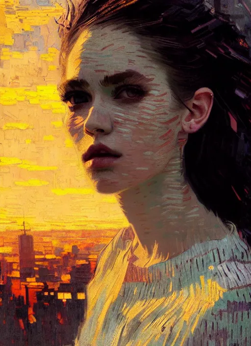 Image similar to portrait of a beautiful girl, new york backdrop, sad, sunset shades, beautiful face, rule of thirds, intricate outfit, spotlight, by greg rutkowski, by jeremy mann, by francoise nielly, by van gogh, digital painting