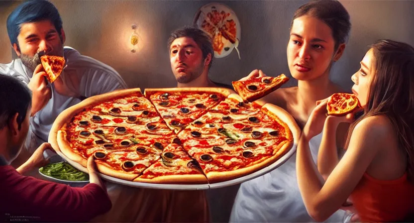 Image similar to people eating pizza. art by salman toor. faithfully depicted facial expression, perfect anatomy, sharp focus, global illumination, radiant light, detailed and intricate environment, trending on artstation