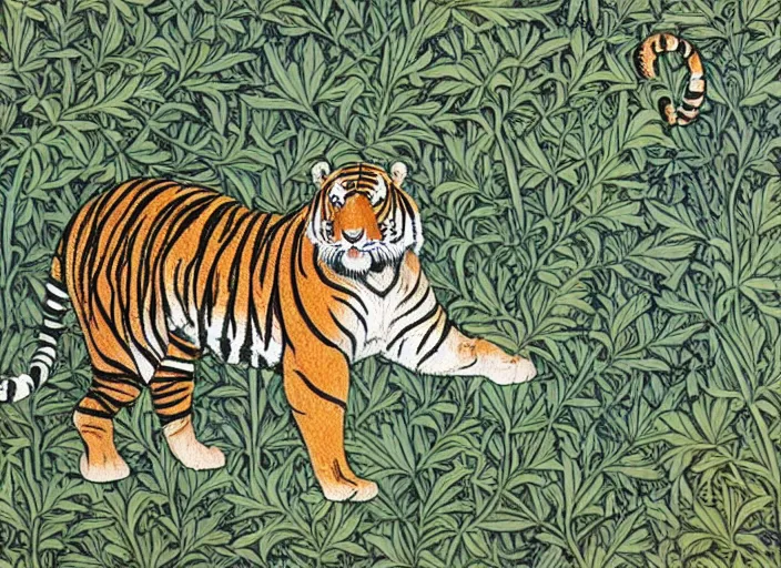 Image similar to a tiger in the centella asiatica in android jones and william morris style