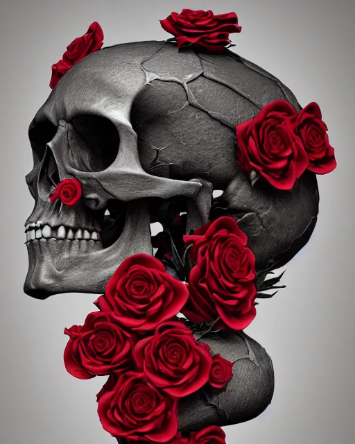 Image similar to skull made of red roses, organic horror, devil, death, giger, epic, baroque, art nouveau, james jean, photorealistic render, 3 ds max + v - ray, extremely detailed and intricate, center composition, elegant, vfx, unreal engine 5, octane render, extremely contrast, extremely sharp lines