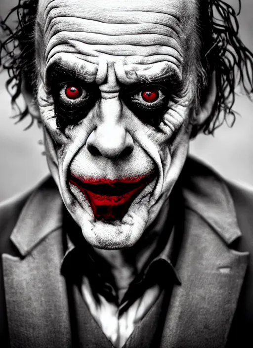 Image similar to photo of Christopher Lloyd as the Joker by Lee Jeffries, detailed, award winning, Sony a7R, trending on artstation