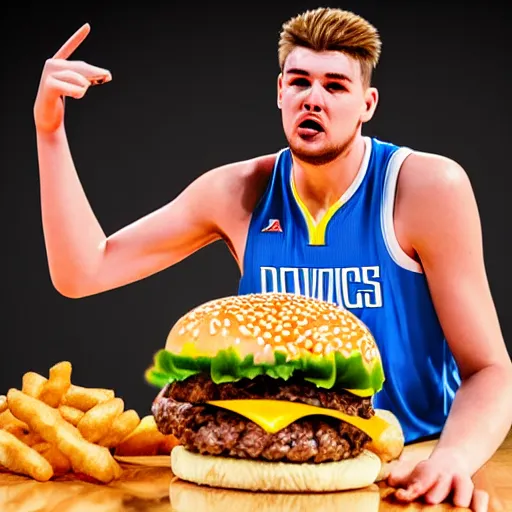 Image similar to 4k very detailed 3D model of Luka Doncic eating a cheeseburger,