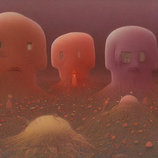 Image similar to a whole bunch of little tiny people, by zdzisław beksinski and studio ghibli