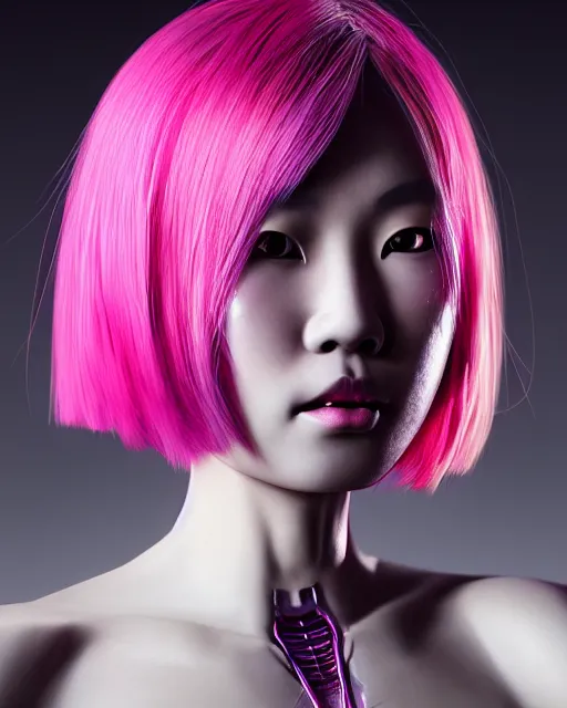 Image similar to portrait of a beautiful asian woman with pink hair as a cyberpunk cyborg half robot, sci - fi, missing panels, intricate abstract upper body intricate artwork, concept art, octane render, deviantart, cinematic, key art, hyperrealism, iridescent accents, portrait photograph, nikon 3 5 mm, photograph by greg rutkowski