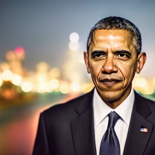 Image similar to a still of Barak Obama. Shallow depth of field. City at night in background, lights, colors ,studio lighting, mood, 4K. Profession photography