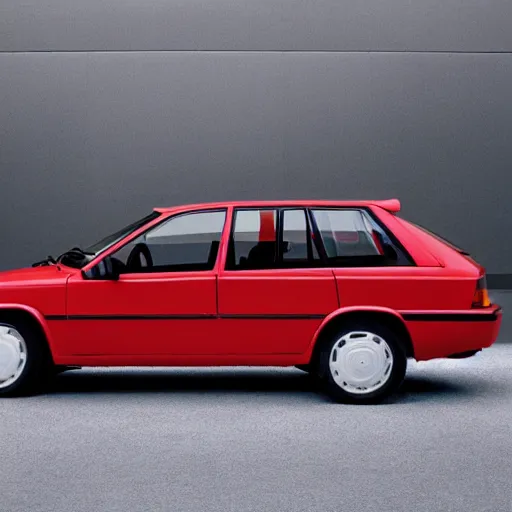 Prompt: A supercar designed and produced by Volvo, with 1986 Volvo 480 design elements, in crimson red, promotional photo