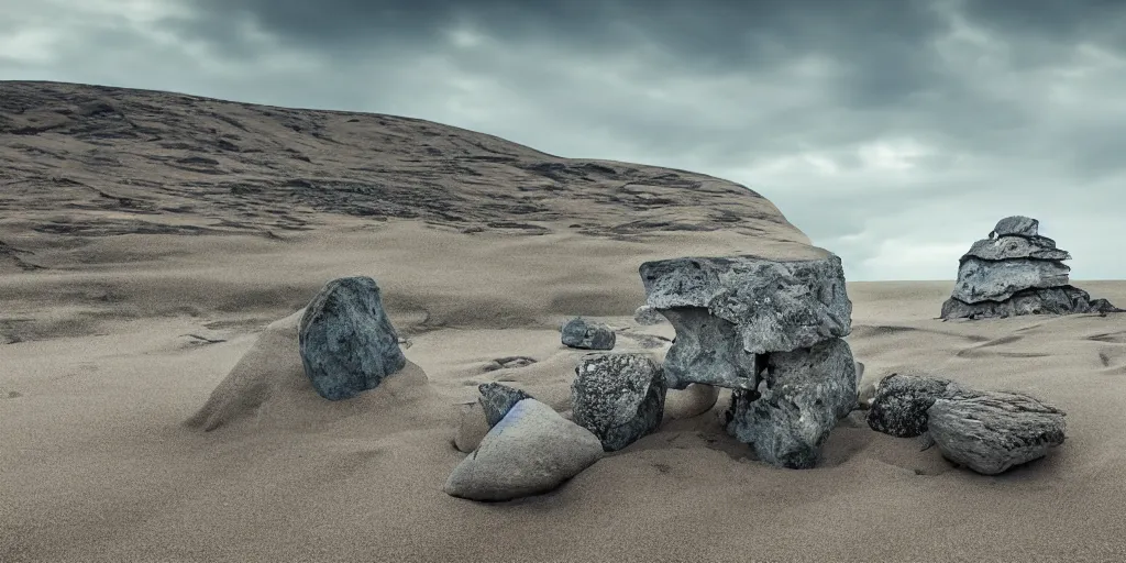 Image similar to a breathtaking surreal render of windswept dunes scandinavian landscape, a withered ancient altar + stone in center in focus, blue tint, ultra wide shot, cinematic, 8 k, photorealistic, dramatic lighting