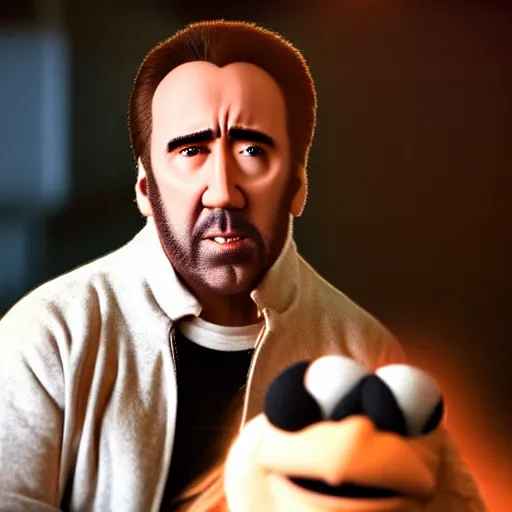 Image similar to A still of Nicolas Cage as a muppet, 4k, 35mm, ultra realistic, studio lighting