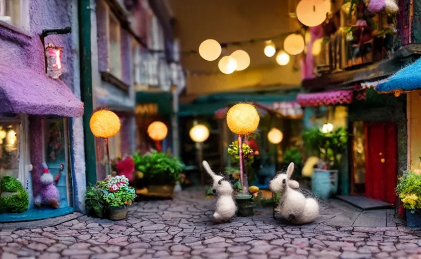 Prompt: miniature cafe diorama macro photography, cafe with felted bunnies, alleyway, ambient, atmospheric, british, cozy, bokeh, romantic, colorful lanterns