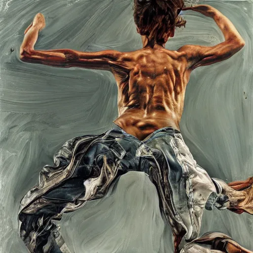 Image similar to high quality high detail painting by lucian freud and jenny saville, hd, jumping, turquoise