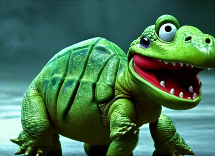 Image similar to film still of yoshi in the new sci - fi movie, cute upright dinosaur standing on its hind legs with a small turtle shell and long tongue, 8 k