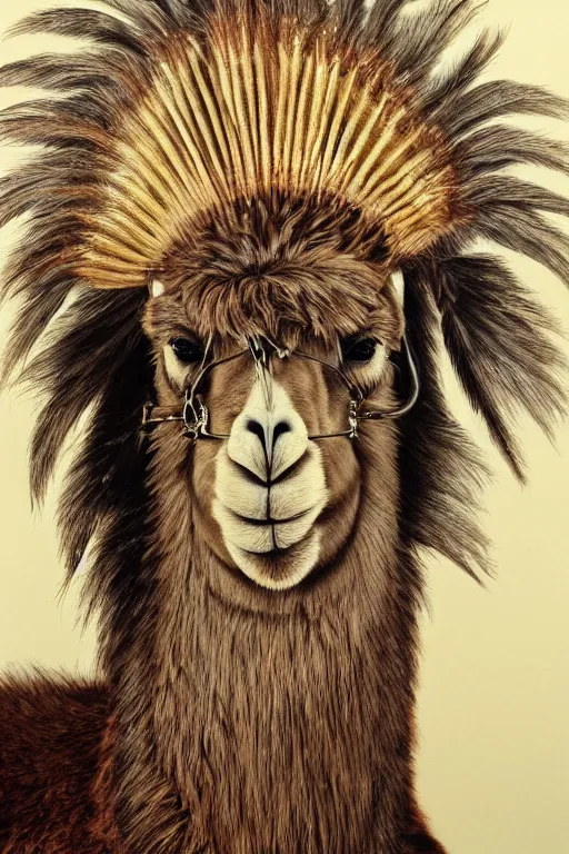 Image similar to hyperrealism close-up portrait llama in War bonnet in style of da Vinci