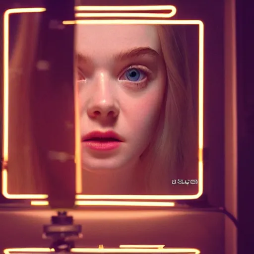 Prompt: Elle Fanning gazing in a mirror, pitch black room, extremely detailed masterpiece, oil on canvas, low-key neon lighting, artstation, Blade Runner 2049, Roger Deakin’s cinematography, by J. C. Leyendecker and Peter Paul Rubens,