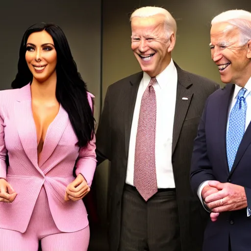 Image similar to stock photo of kim kardashian, joe biden, and bill gates wearing suits and ties laughing in an office building, 8k resolution, full HD, cinematic lighting, award winning, anatomically correct