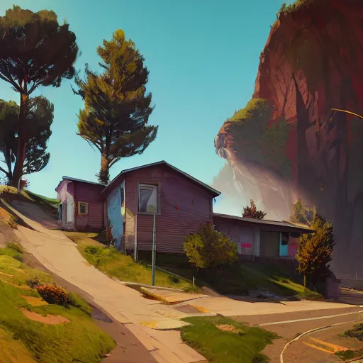 Image similar to primary school up a hill, in gta v, stephen bliss, unreal engine, by greg rutkowski, loish, rhads, makoto shinkai and lois van baarle, ilya kuvshinov, rossdraws, global illumination, radiant light, detailed and intricate environment