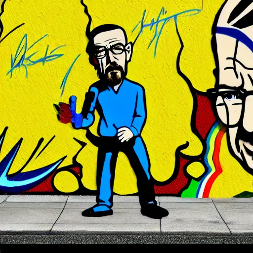 Prompt: multicolor 3 d render of walter white graffiti wearing yellow outfit by roy lichtenstein in 4 k ultra high resolution, with depressive feeling