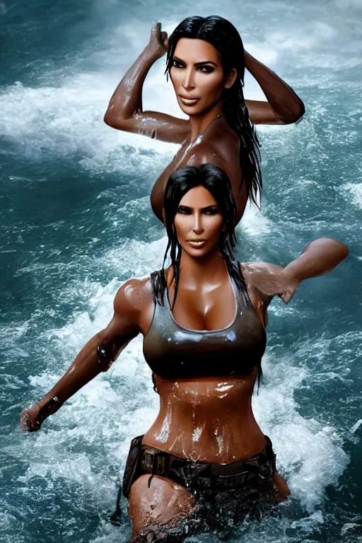 Prompt: a film still of kim kardashian as lara croft, close up face detail, muscular, wet body, model photography, wet dripping hair, emerging from the water