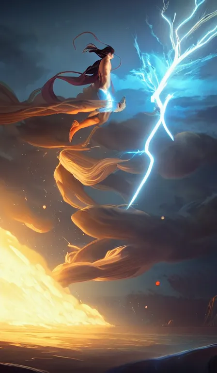 Image similar to the god zeus, lightning, action, epic, medium shot, sharp focus, digital art, concept art, dynamic lighting, character design by anna dittman, and rossdraws, environment design by jessica rossier