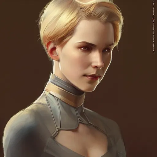 Image similar to science-fiction character portrait of Victor Nikiforov, short blond hair, tall, elegant, highly detailed, digital painting, artstation, upper body, concept art, smooth, sharp focus, illustration, art by artgerm and greg rutkowski and alphonse mucha