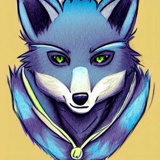 Prompt: high quality anime style colored pencil sketch portrait of an anthro furry fursona blue fox wearing a hoodie, handsome eyes, sketch doodles surrounding it, notebook sketch