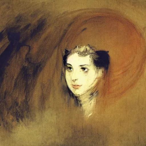 Image similar to morgana from the house in fata morgana, smiling, painted by joseph mallord william turner