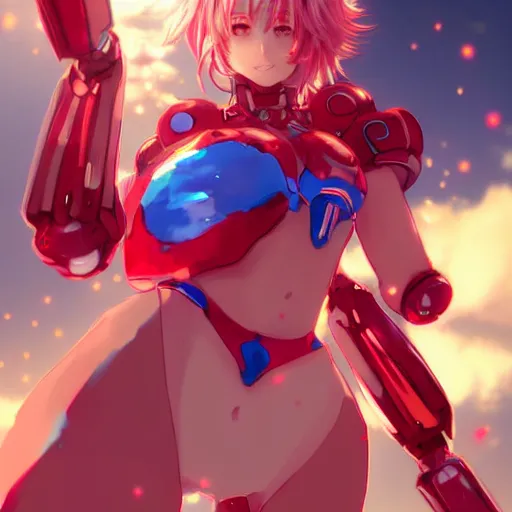 Image similar to digital anime art, wlop, rossdraws, sakimimichan, > > very small cute girl < < standing on a large table, red mech arms and red mech legs,