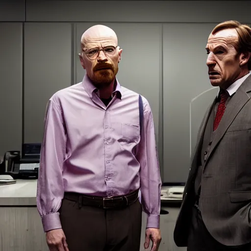 Prompt: Walter White & saul goodman arguing, realistic, 8k resolution, hyperdetailed, highly detailed, real life, studio lighting, high quality, dramatic shot,