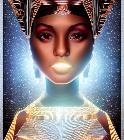 Image similar to symmetry!! egyptian princess of technology, solid cube of light, hard edges, product render retro - futuristic poster scifi, lasers and neon circuits, beautiful brown skin woman egyptian princess, intricate, elegant, highly detailed, digital painting, artstation, concept art, smooth, sharp focus, illustration, dreamlike, art by artgerm