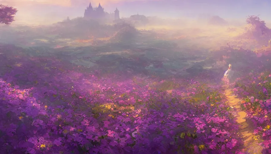 Prompt: over the shoulder landscape painting of violet evergarden standing on a distant colorful flower hill, behind it a distant old european city leiden from violet evergarden, ocean, sunshine, fantasy, intricate, elegant, highly detailed, digital painting, artstation, smooth, sharp focus, illustration, by Anton Fadeev and Philipp A. Urlich and greg rutkowski