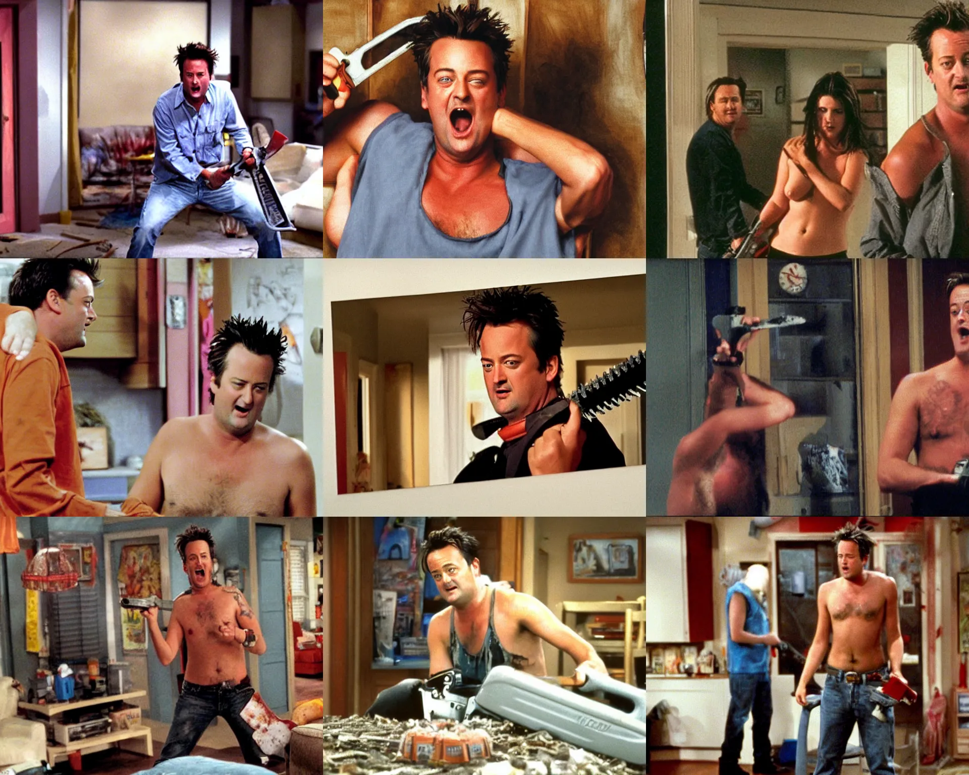Prompt: matthew perry topless in his apartment holding a chainsaw and screaming,'friends'9 0 s tv show screenshot, film still, photorealistic painting,