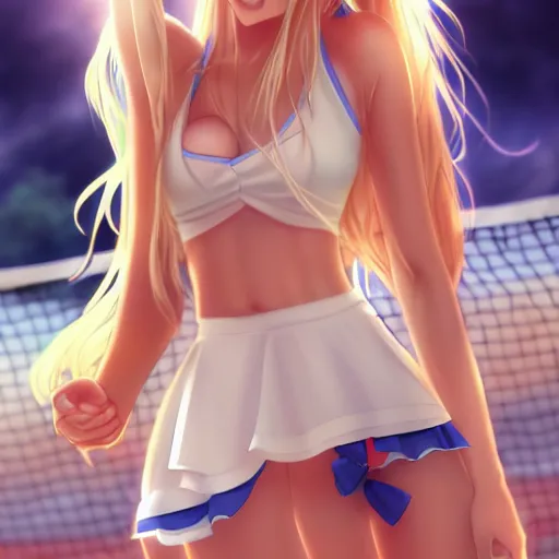Image similar to a very beautiful young anime tennis girl, full body, long wavy blond hair, sky blue eyes, full round face, short smile, bikini, miniskirt, front view, medium shot, mid - shot, highly detailed, cinematic wallpaper by stanley artgerm lau