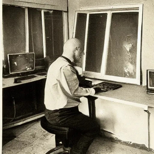 Prompt: russian man with a red motocross helmeth is programming behind computer in a soviet apartement with an explosion in a window in the background