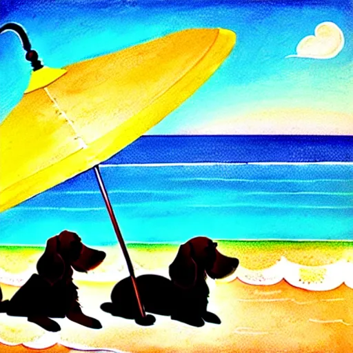 Image similar to two cute brown spaniel swimming by the seaside, parasols, bright towels, geometric, pop, sketch, artwork,lines