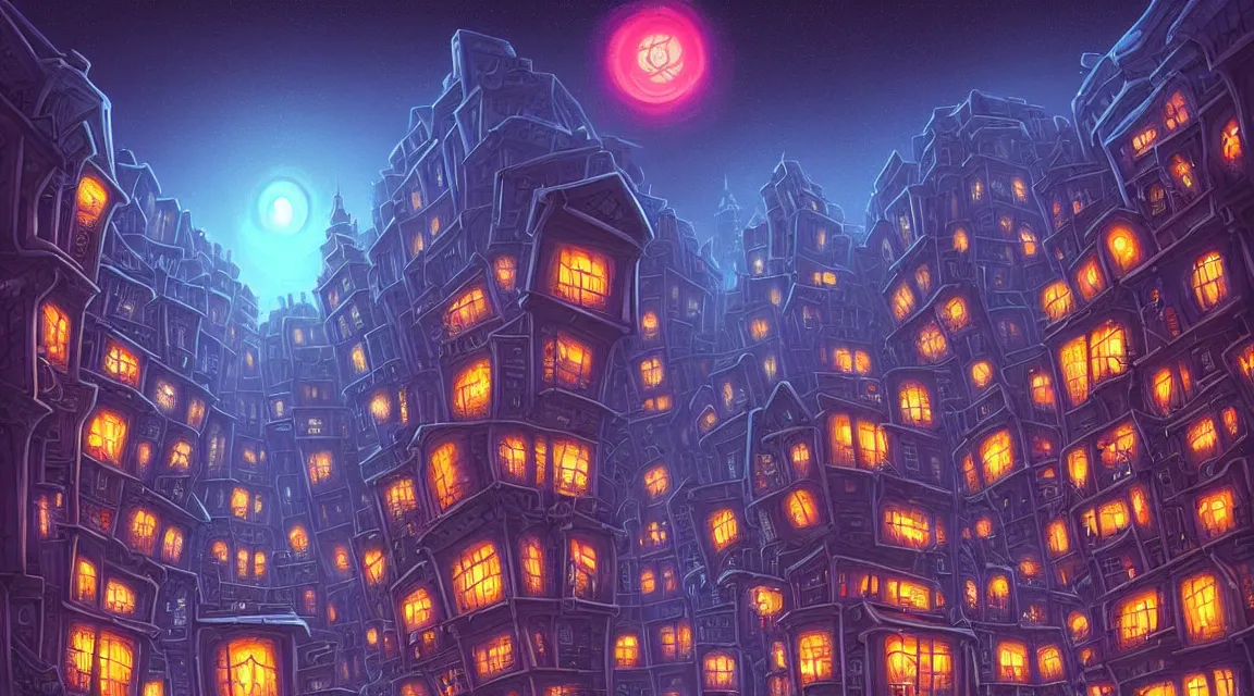 Image similar to street level view of a lovecraftian city. lovecraft. lovecraftian city at night by cyril rolando and naomi okubo and dan mumford and ricardo bofill. lovecraftian buildings. lovecraftian landscape. swirly night sky.