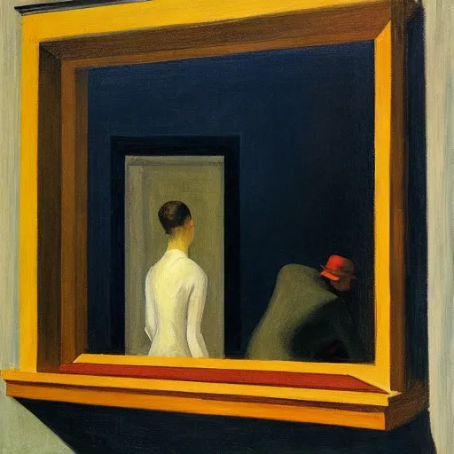 Prompt: person looking through window in house, Edward hopper
