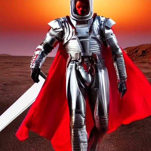 Image similar to tall muscular infantry man in glossy sleek white armor with a few red details and a long red cape, heroic posture, on the surface of mars, night time, dramatic lighting, cinematic, sci-fi, hyperrealistic, movie still