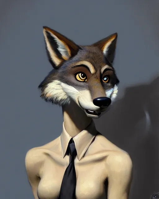 Image similar to oil painting of anthromorphic female wolf, in style of zootopia, female fursona, furry, furaffinity, 4 k, deviantart, furry art, fursona art, wearing black business suit, business suit, wolf fursona, female, very expressive detailed feminine face, by gaston bussiere, craig mullins, j. c. leyendecker