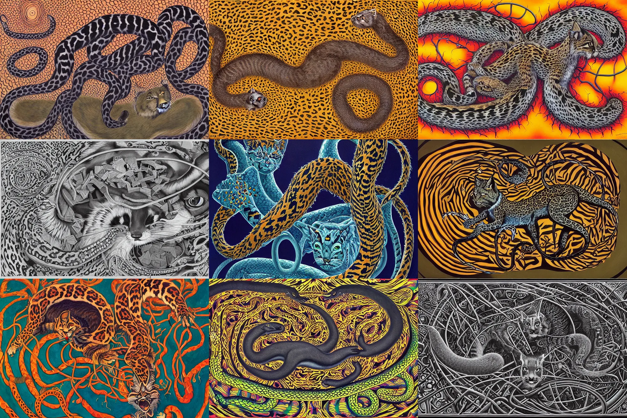 Image similar to a detailed painting of a magick polecat occult effigy beautiful lynx fur that is a crescent shaped leopard atomic latent snakes in between autobiological cybernetic ferret resurgence of snake phonkadelic ferret in the style of escher, alex grey, kubrick inspired by realism, symbolism, magical realism and dark fantasy, clear, crisp,