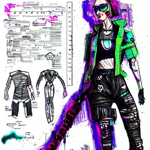 Image similar to cyberpunk outfit, fashion illustration, full body, character sheet, sketch, vivid colour, artistic, rough paper