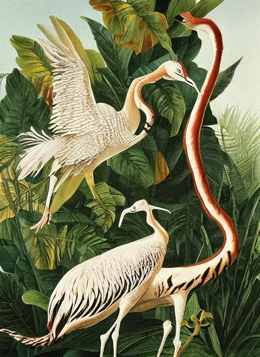 Image similar to tiger, white crane, tropical plants, botanical, large exotic flowers, biology, realistic, painted by john audubon