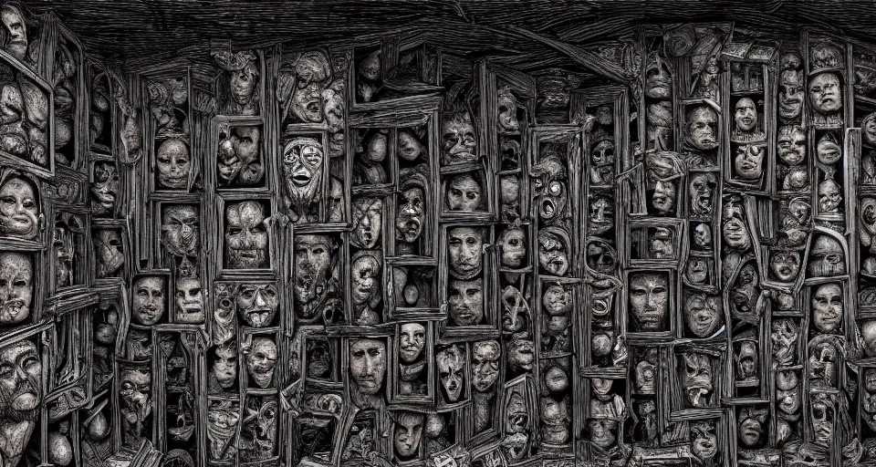 Image similar to a room with walls made from human faces, by david lapham, hand drawn, gritty, body horror, dark colors, trending on artstation, ultra high detail