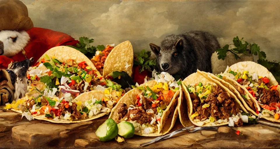 Prompt: a still life of tacos, wolfs, sheep, in the style of romanticisim