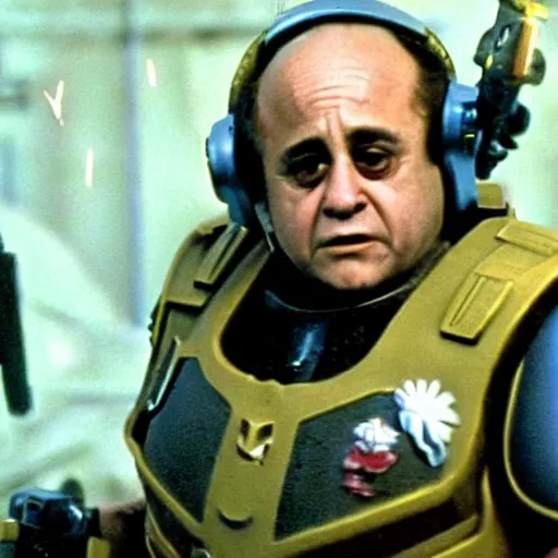 Prompt: danny devito as a space marine in starship troopers fighting the bugs, dramatic action shot