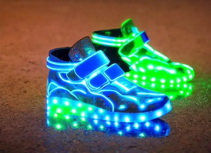 Prompt: generative design sneakers with led skin in the style of cyberdog, product shot, dynamic neon lighting